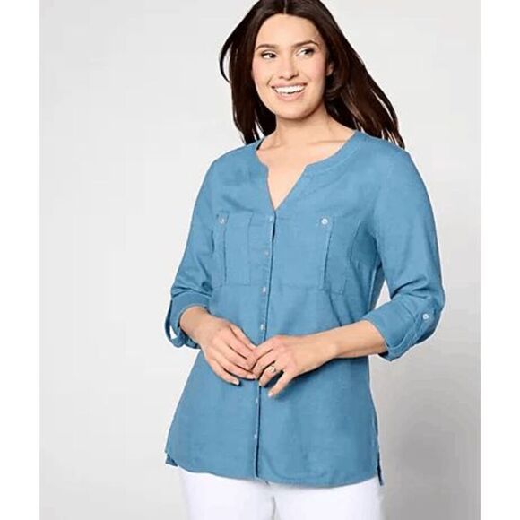 Denim & Co Womens Small Natural Linen Blend Utility Button Denim Shirt Blue NWT) - Picture 1 of 4
